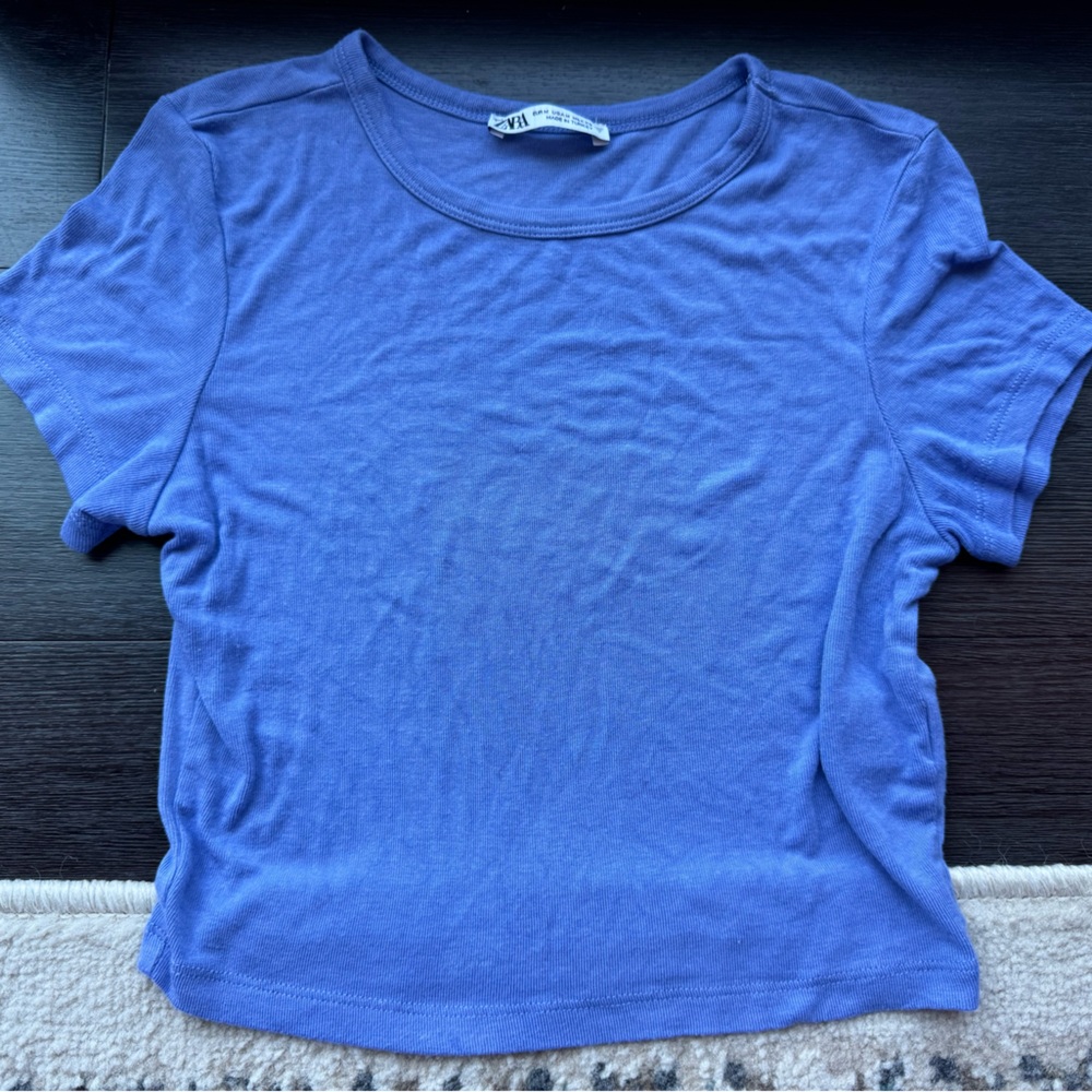 Zara Cropped Periwinkle Blue T Shirt
